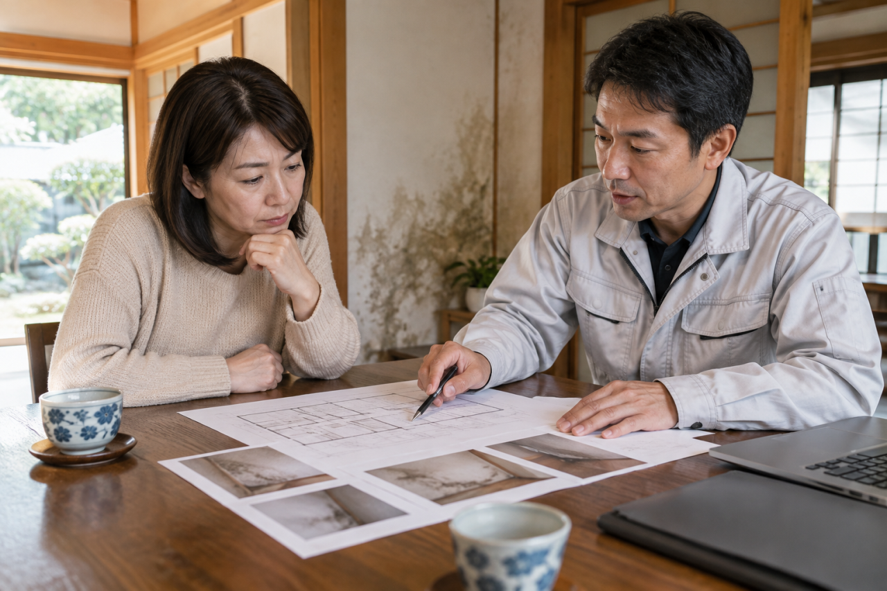 住宅の調査資料を専門家と相談する所有者