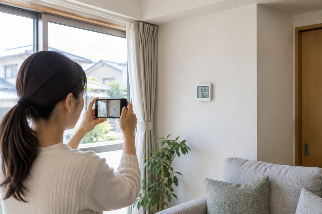 室内の壁と窓を写真で記録する住人