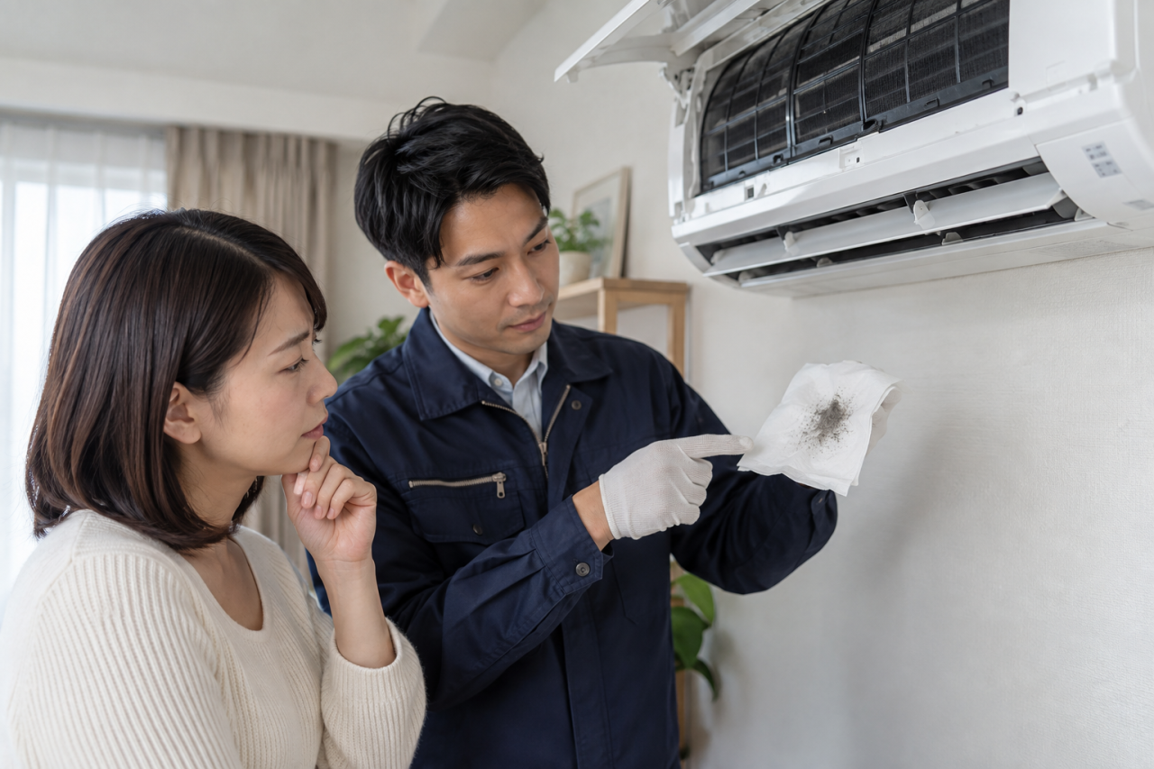 エアコンがカビ臭い・黒い粉が出るときの確認と相談手順