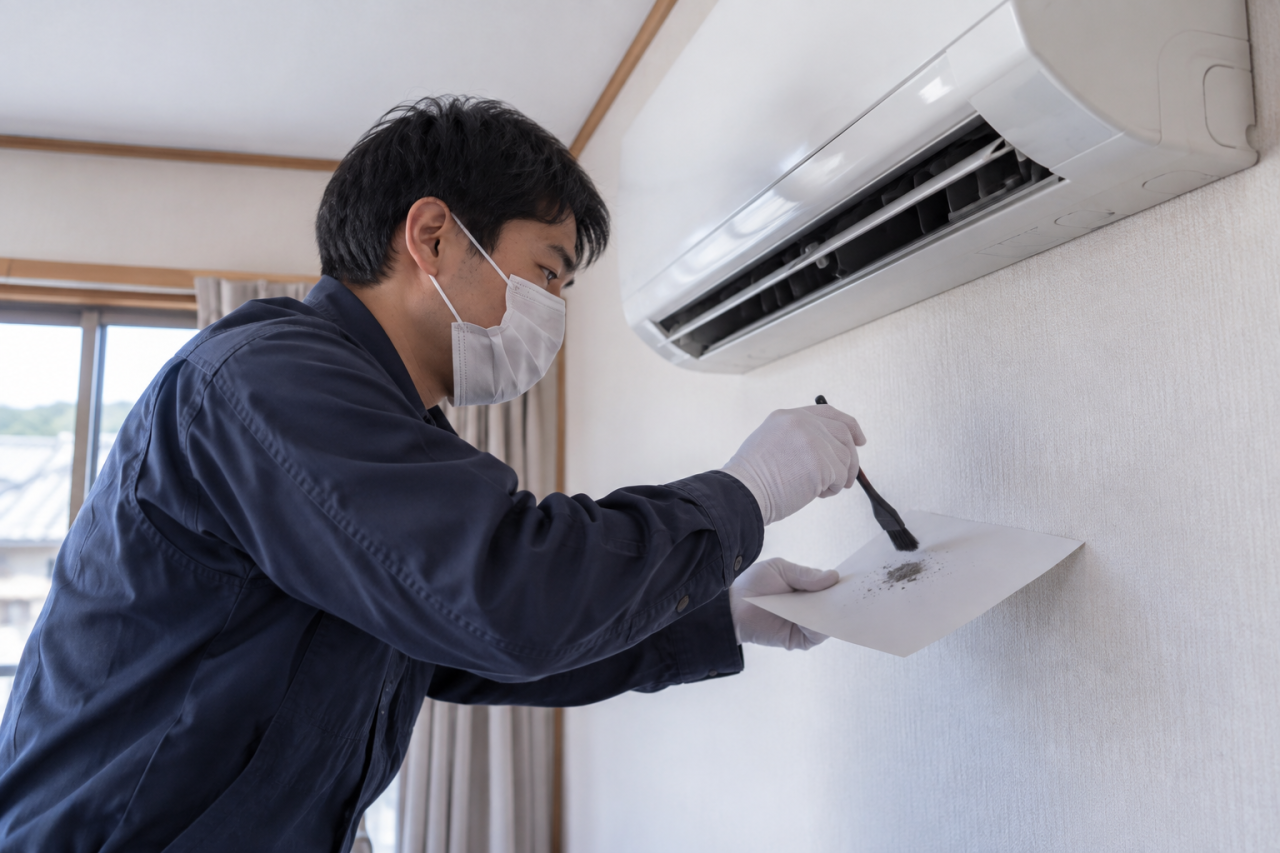 エアコン付近の粉を採取する技術者