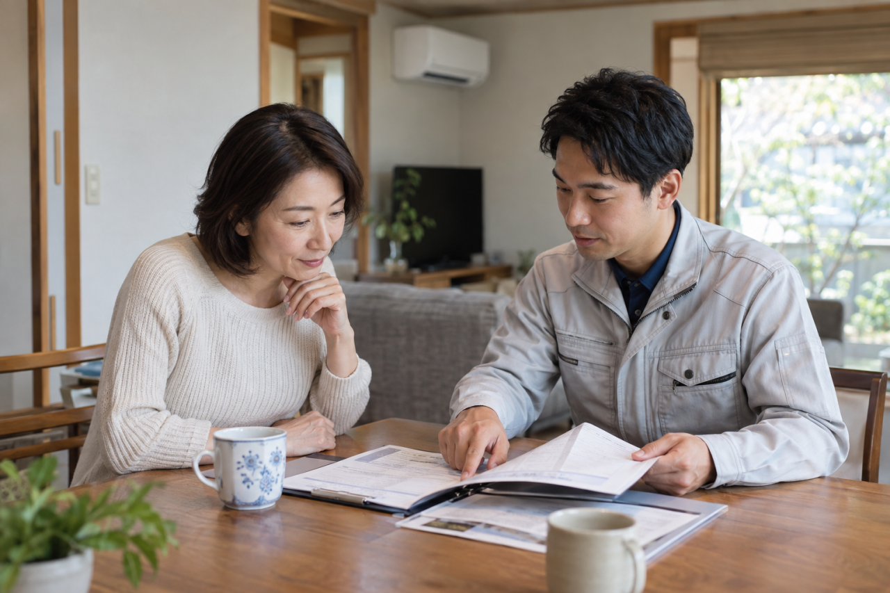 エアコンの点検資料を相談する住人と技術者