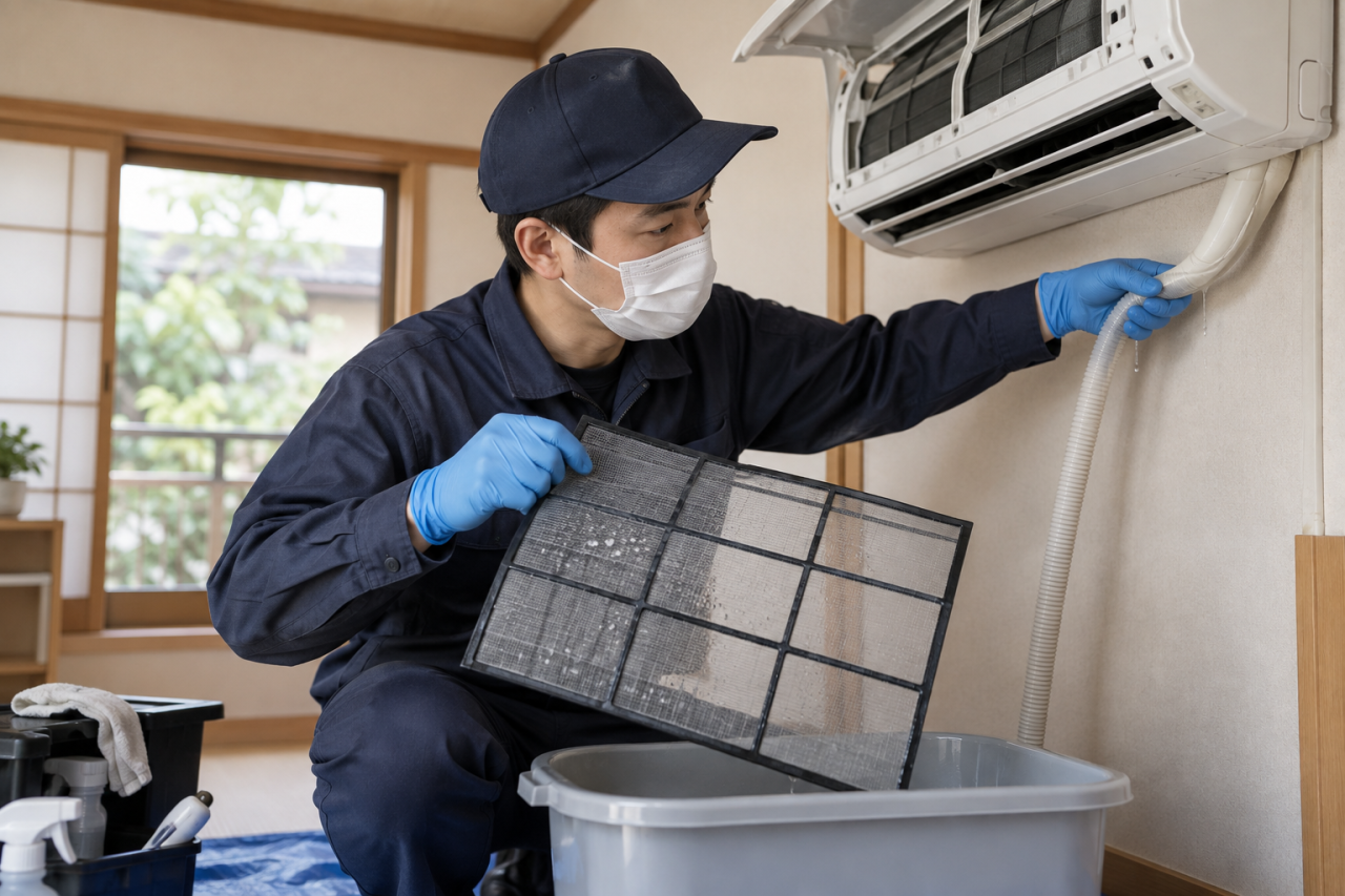 フィルターと排水の清掃範囲を確認する技術者