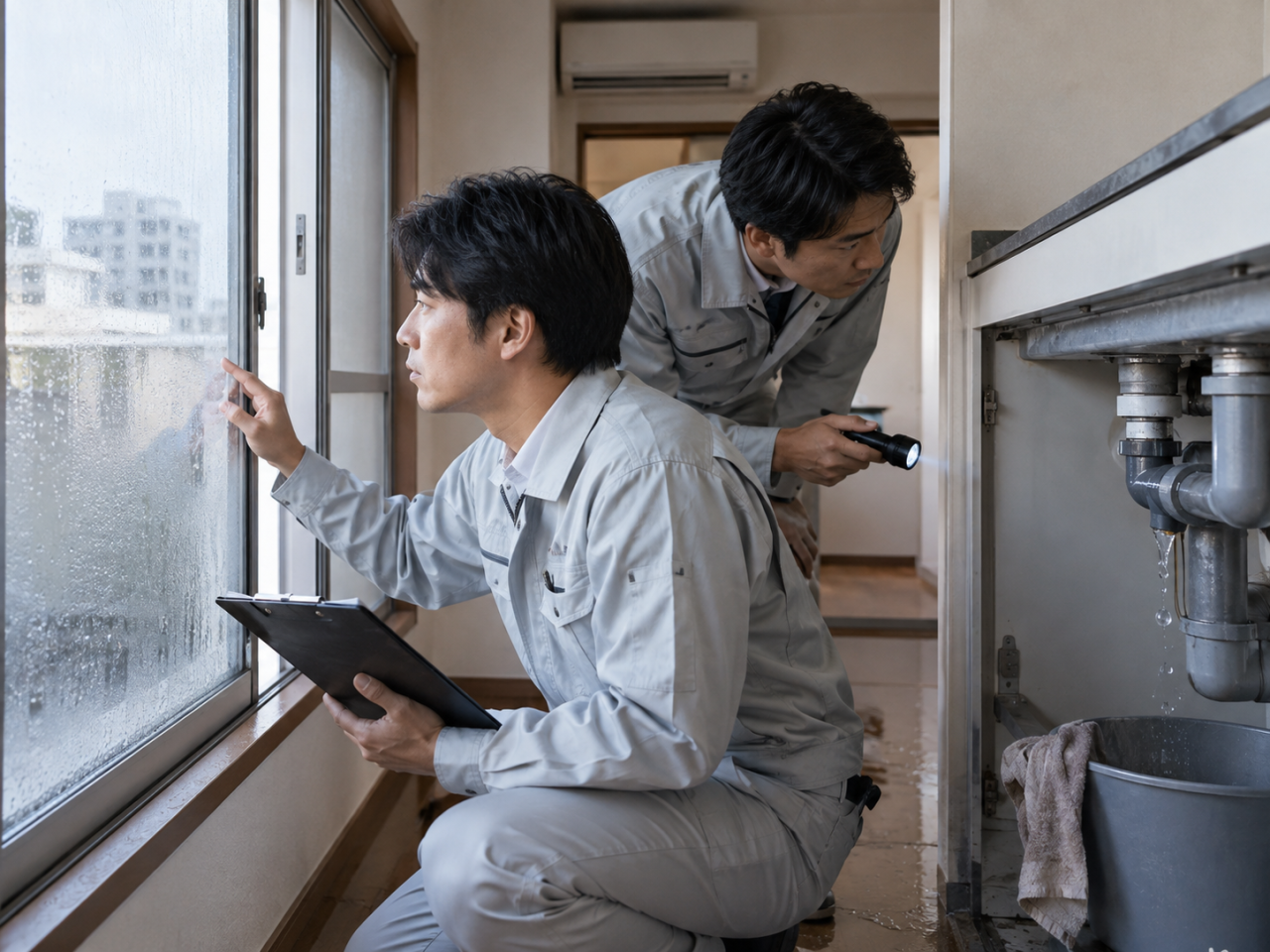 結露と配管漏れを調べる日本人の技術者