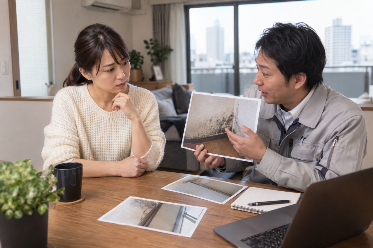 カビ清掃の疑問を日本人の専門家と相談する住人