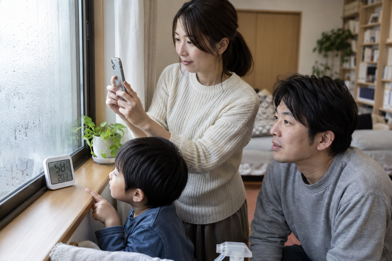 窓の結露と湿度を家族で確認する日本人の住人