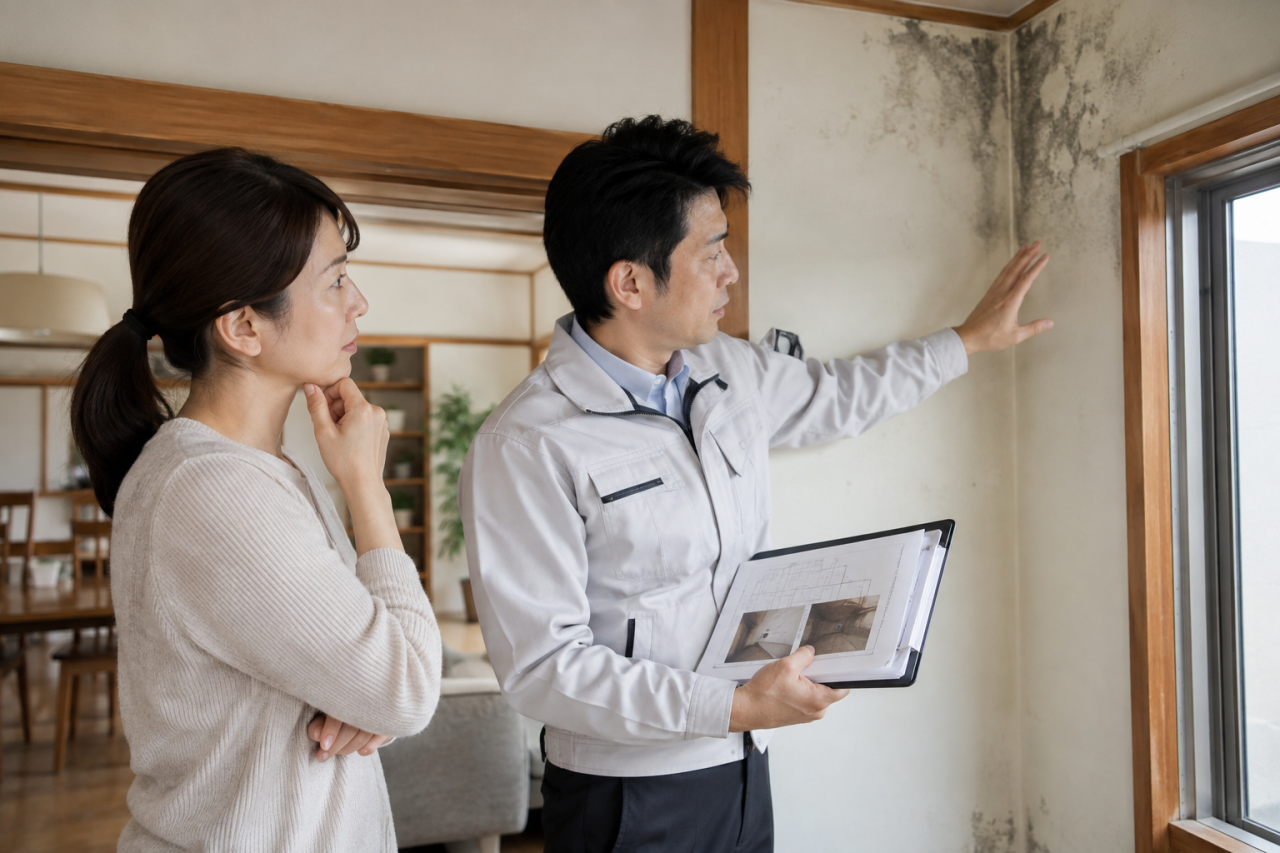 住宅の調査計画を日本人の技術者と相談する住人