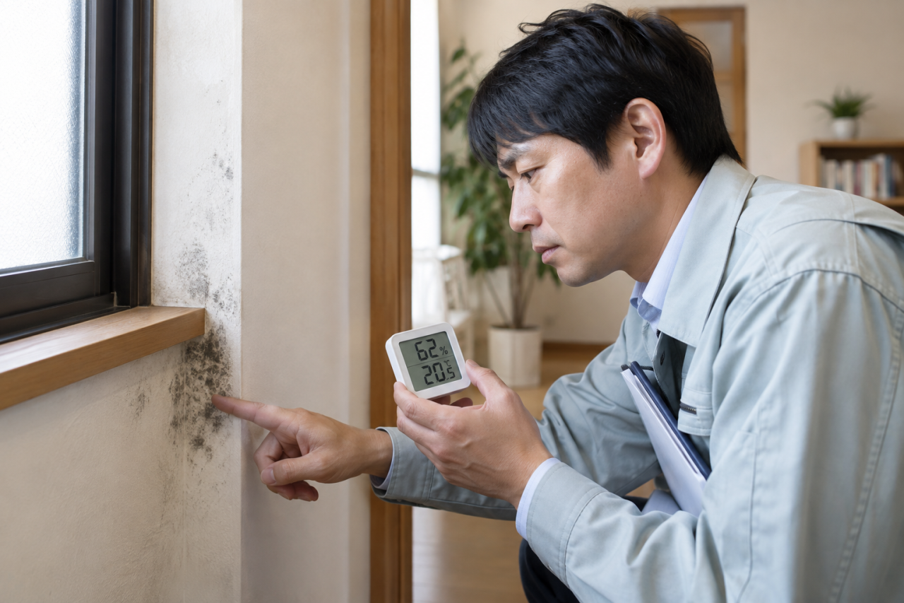 日本人の住宅調査員が窓まわりの湿度と黒ずみを確認する様子