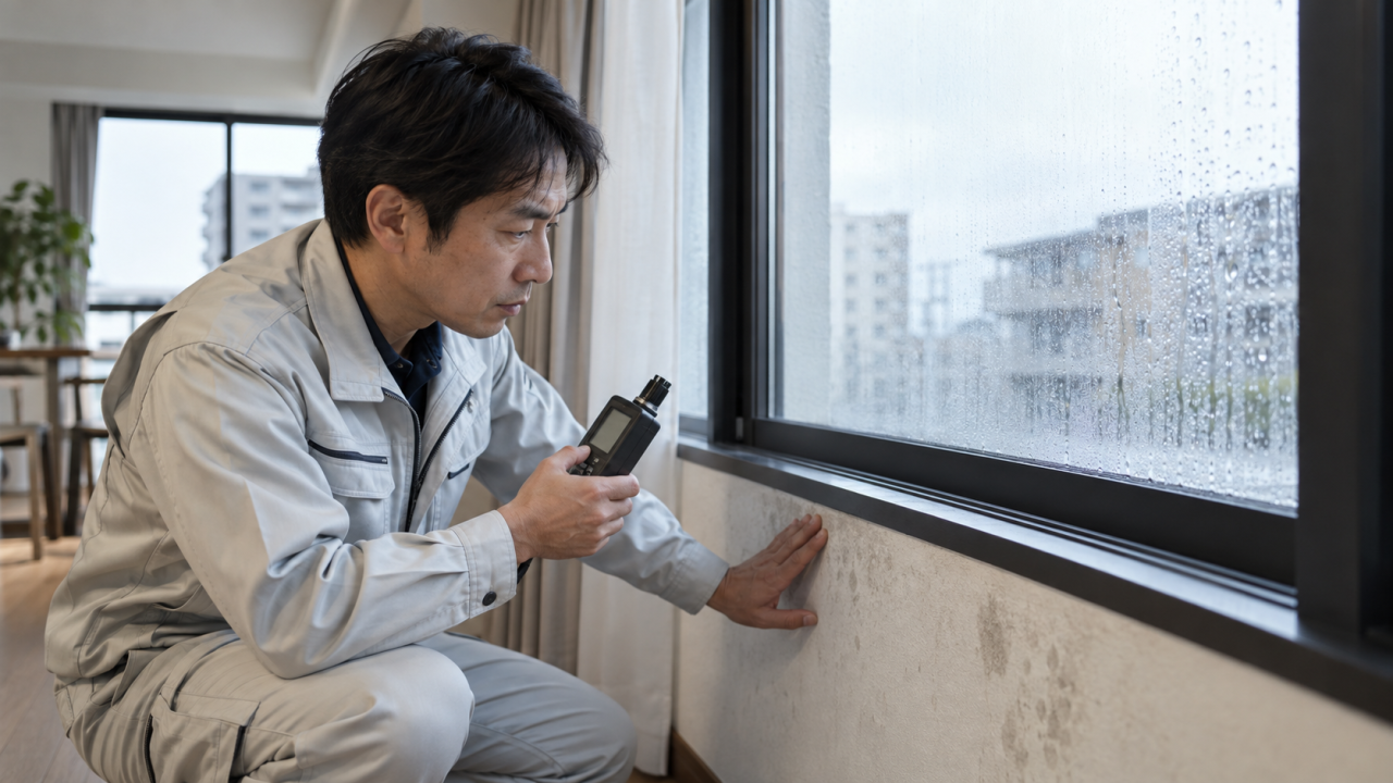 日本人の調査員が結露した窓と周囲の壁を点検する様子