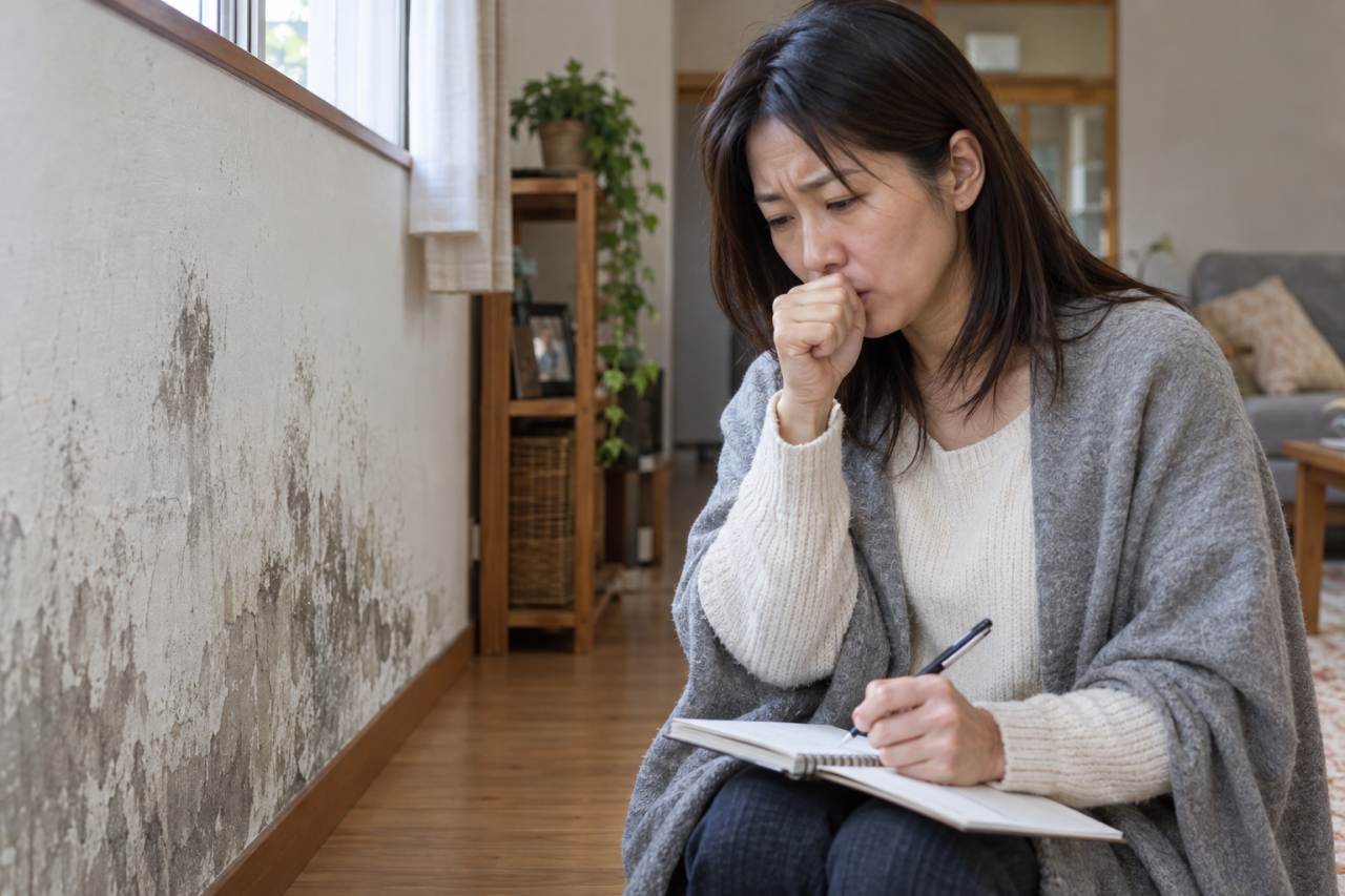 咳をする日本人の住人が住宅の壁の湿りを記録する様子