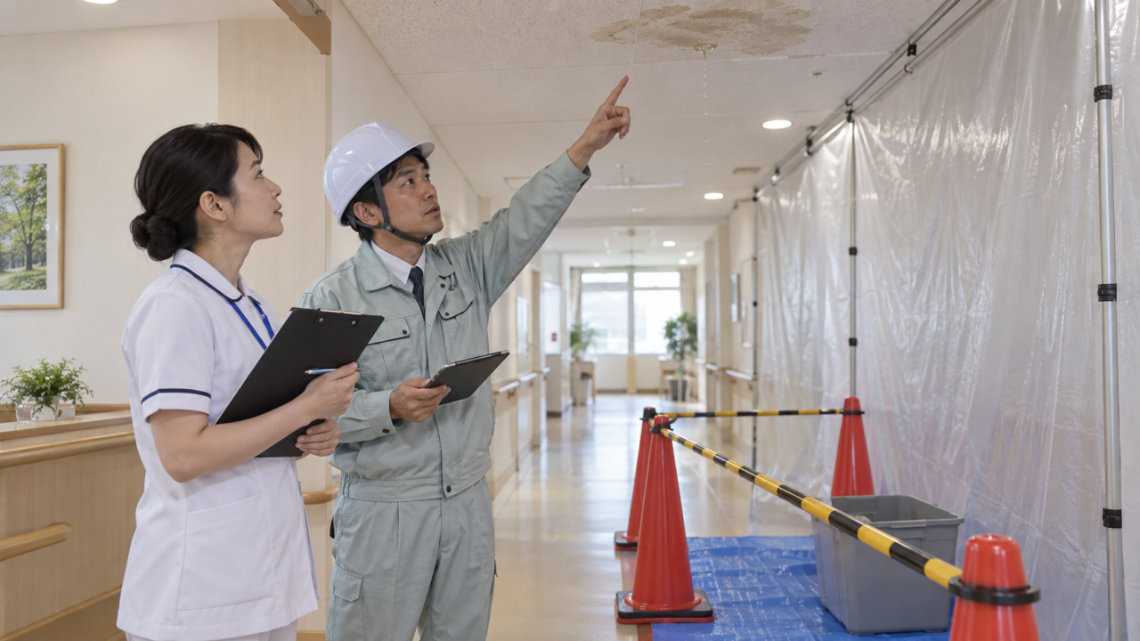 医療施設の天井漏水と作業区域を確認する日本人の看護師と設備担当者