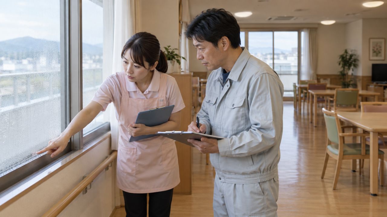 高齢者施設の窓まわりの結露を点検する日本人の介護職員と設備担当者