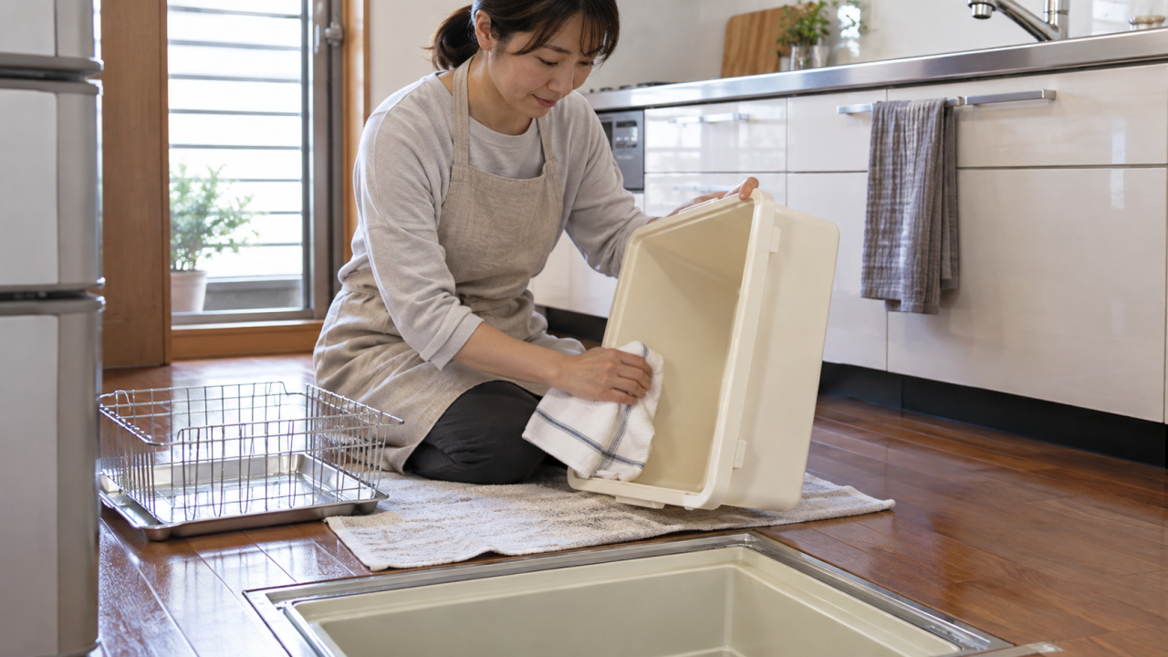 床下収納容器を清掃して乾燥させる日本人の住人