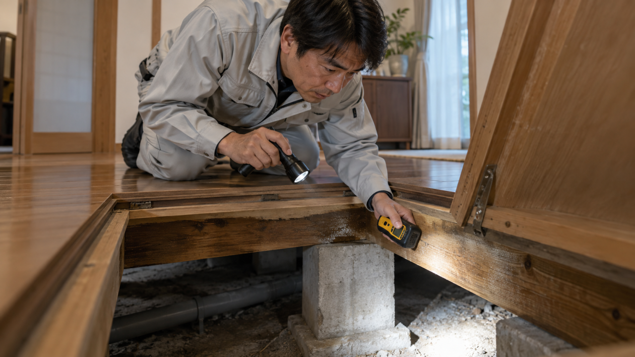 床下点検口から住宅を調べる日本人の技術者
