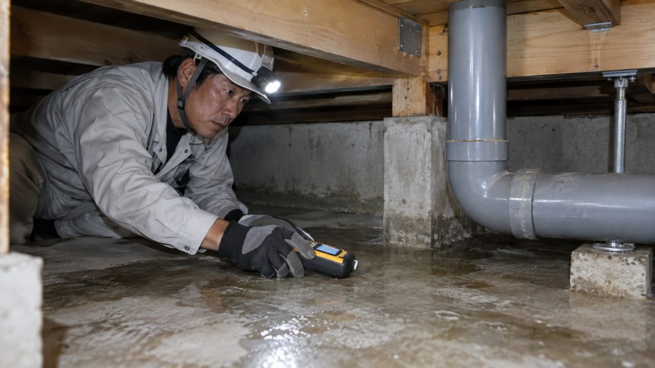 床下の配管と湿りを調べる日本人の技術者