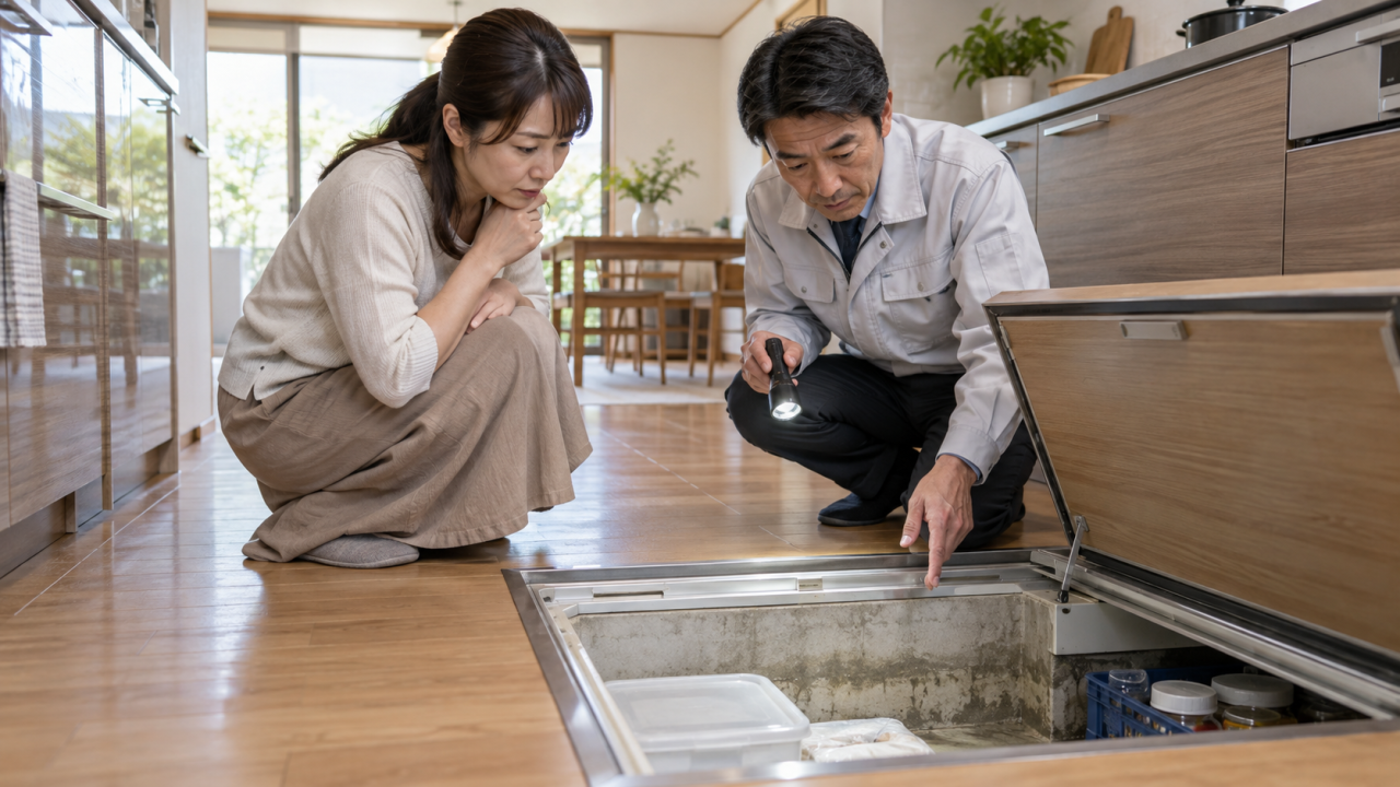 床下収納庫の状態を相談する日本人の住人と技術者