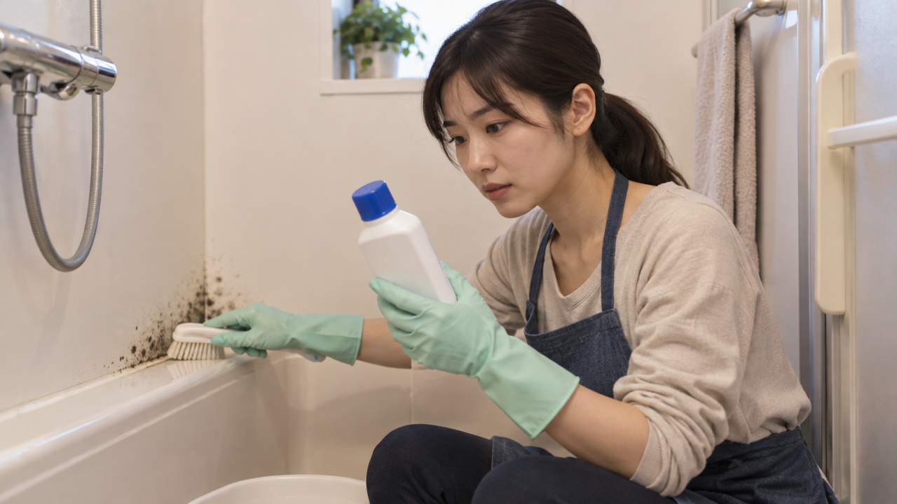 日本人の住人が浴室の小さなカビを安全に清掃する様子