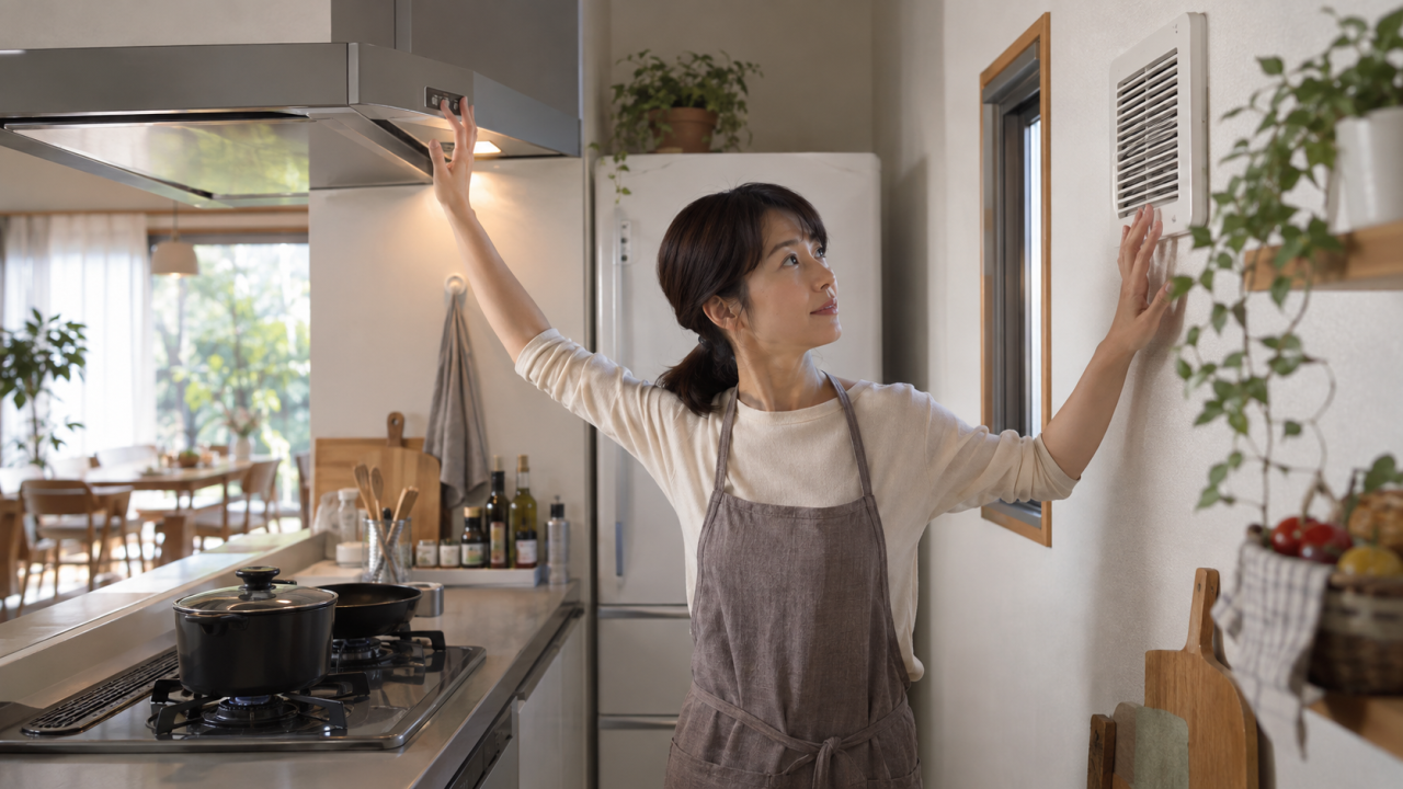 日本人の住人が台所の排気と給気を確認する様子