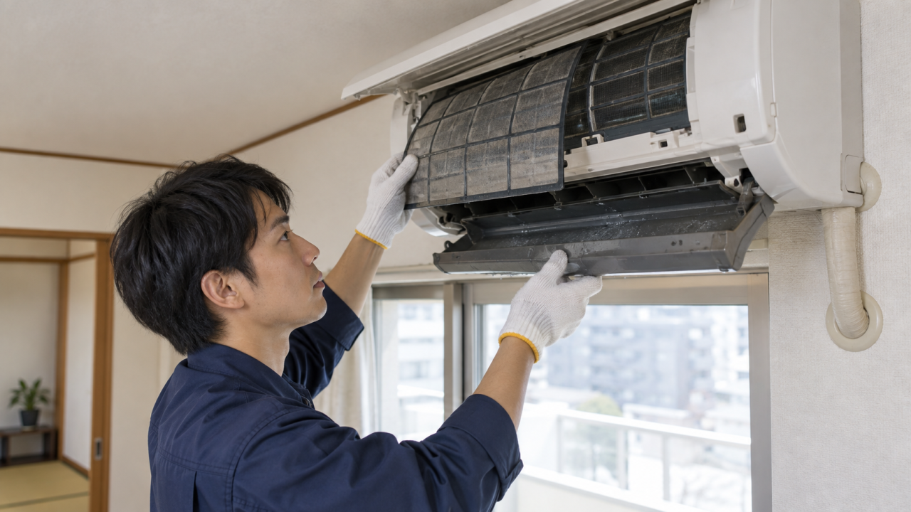 日本人の技術者がエアコンのフィルターと排水を点検する様子