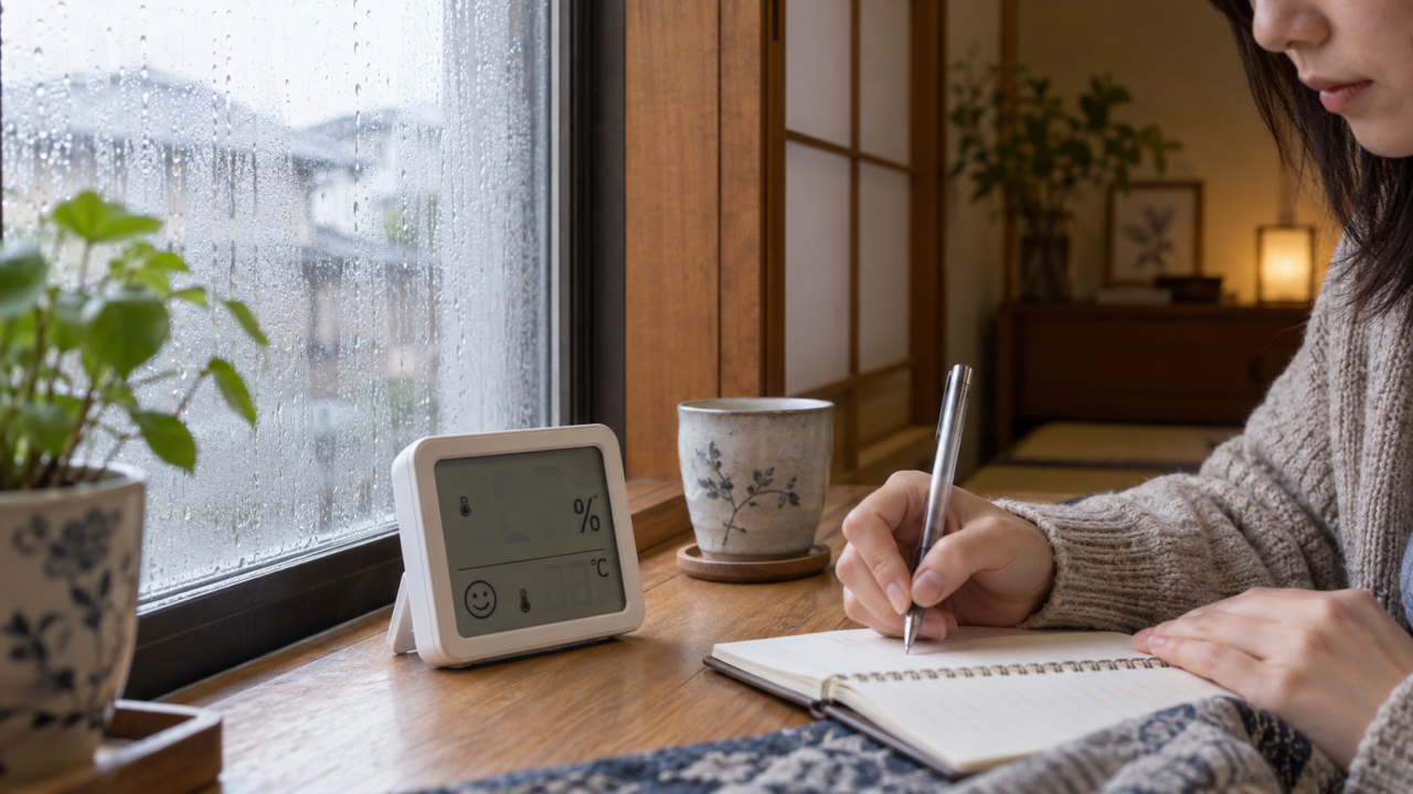 窓の結露を日本人の住人が温湿度計とともに記録する様子