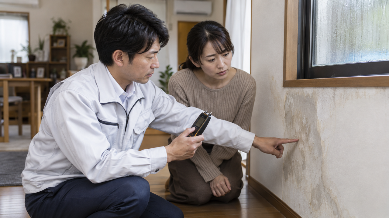日本人の技術者が住人と壁の湿りを調べる様子