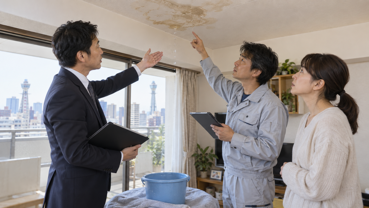 大阪のマンションで日本人の管理担当と修理担当が天井の漏水を確認する様子