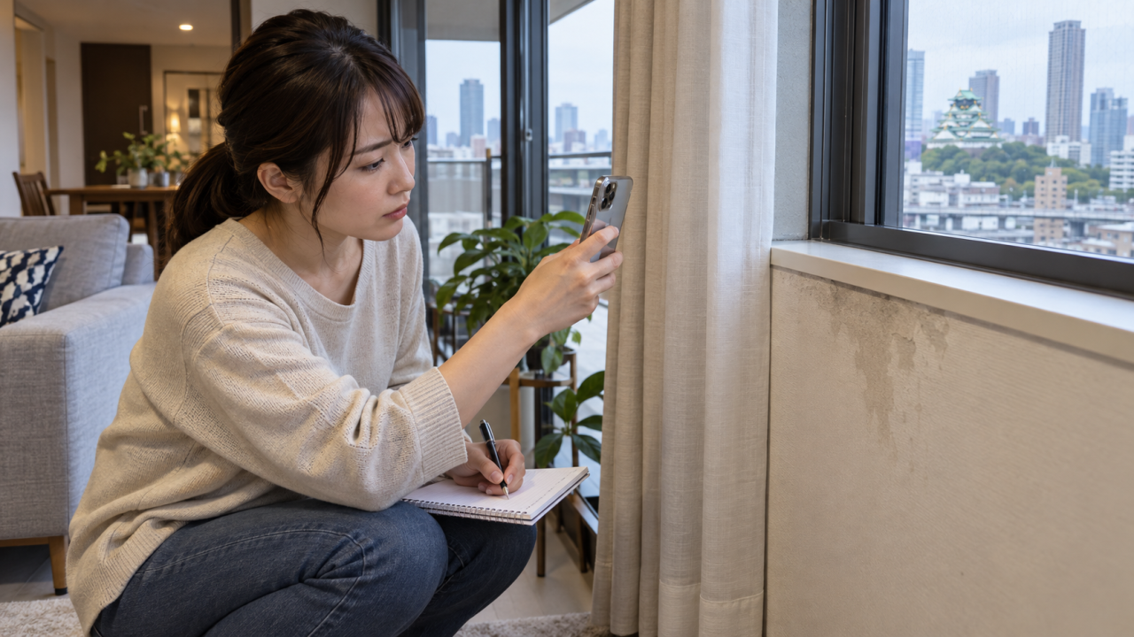 大阪のマンションの窓まわりを日本人の住人が撮影して記録する様子