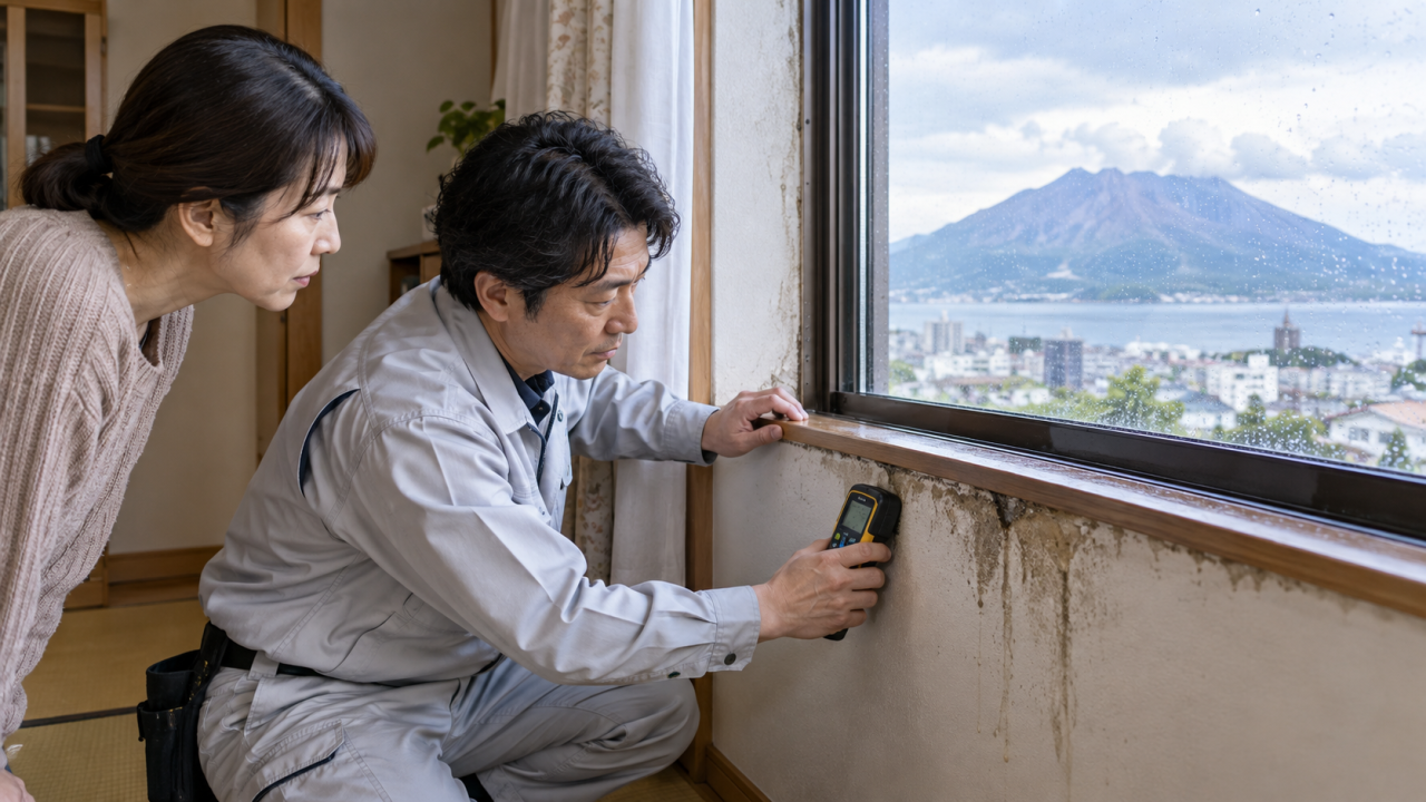 Japanese building inspector measures moisture near a Kagoshima window while a homeowner observes