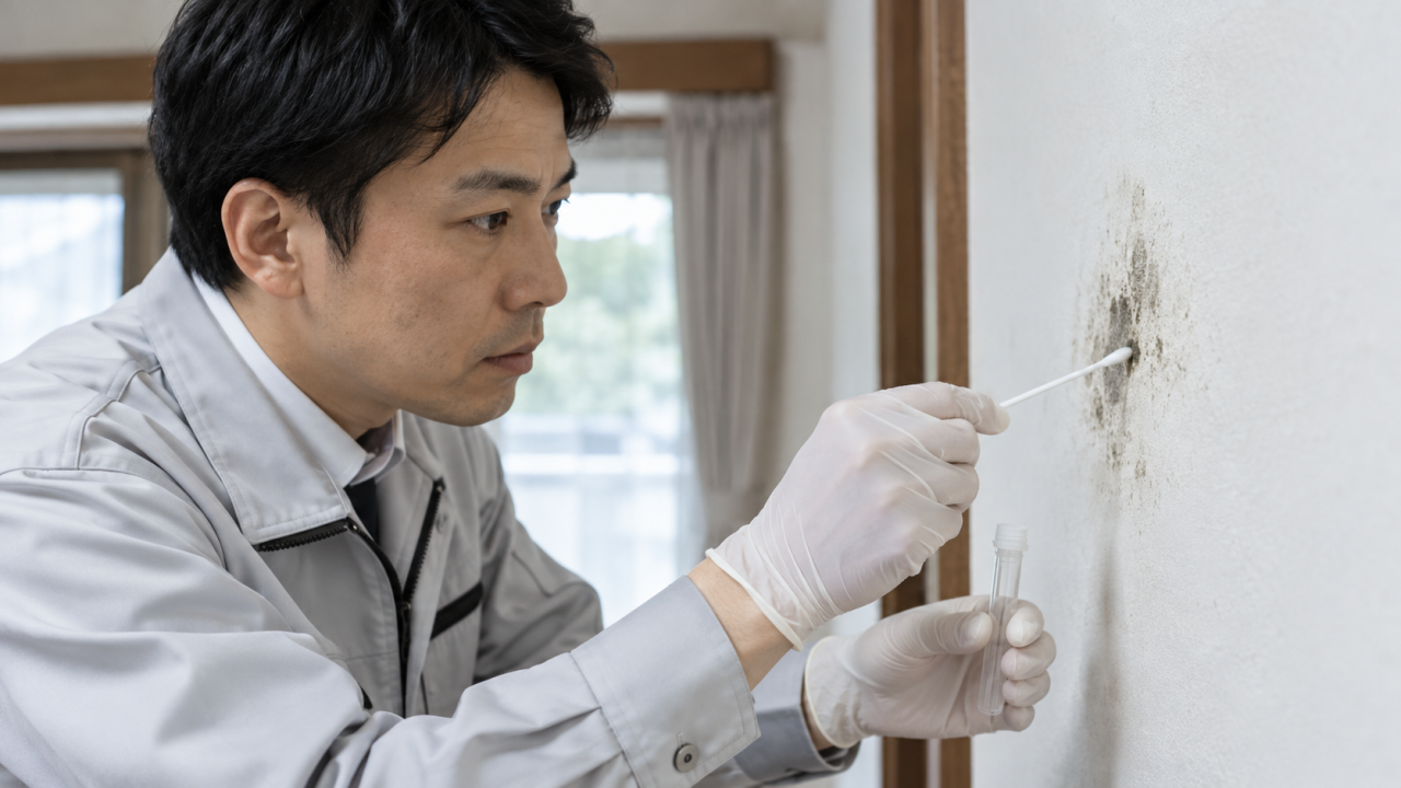 日本人の調査員が壁の表面から試料を採る様子