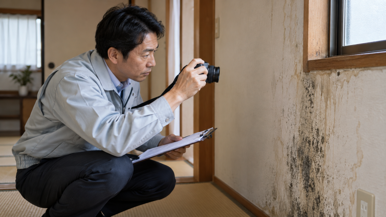 日本人の住宅調査員が壁の黒ずみを写真で記録する様子