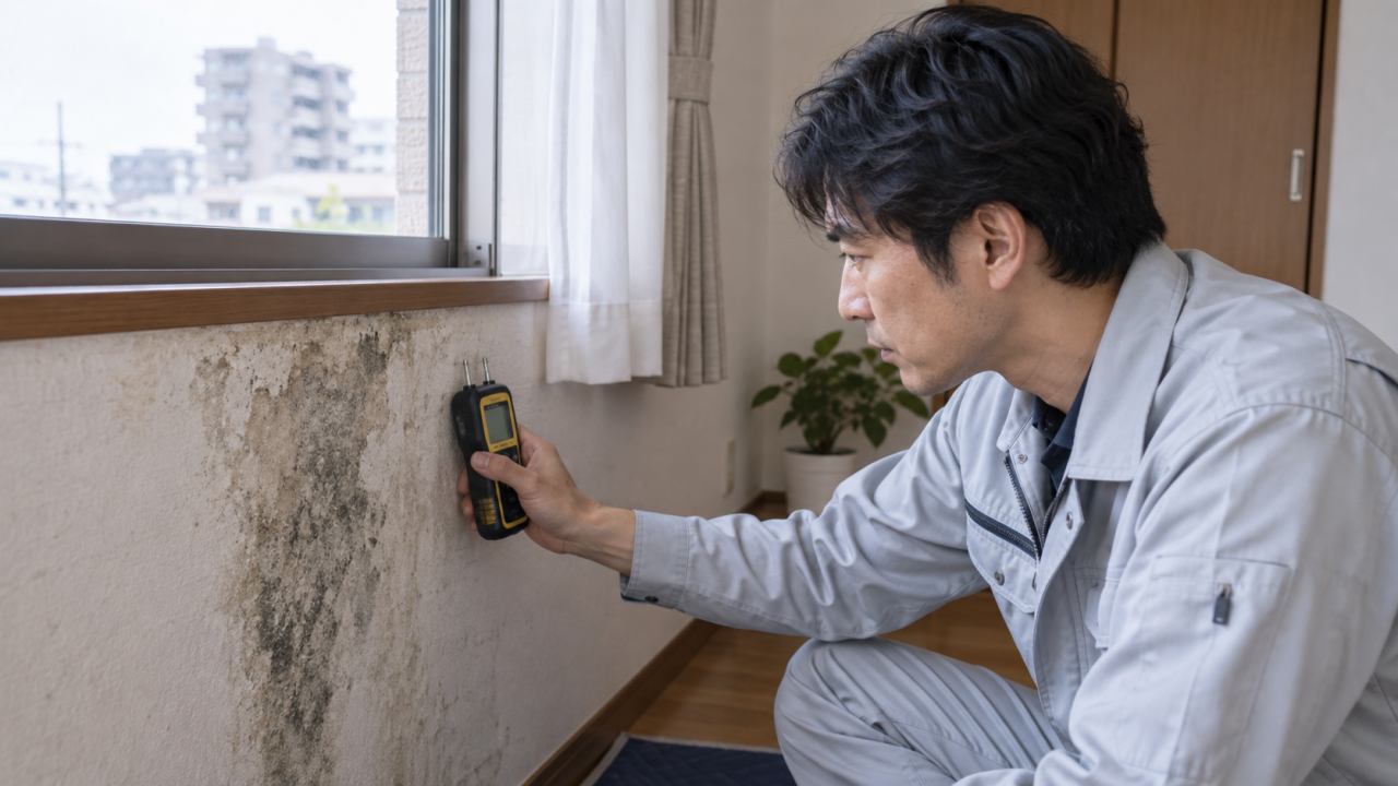 日本人の住宅調査員が壁の含水状態を測る様子