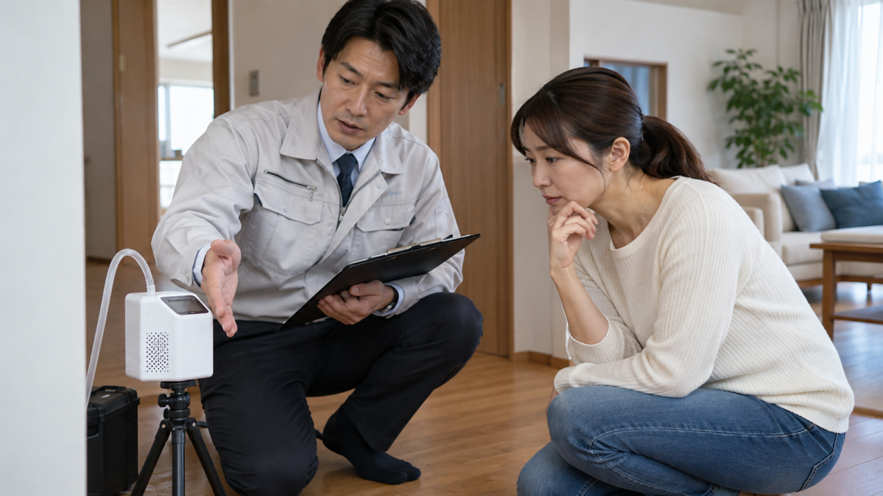 日本人の調査員が空気採取の方法と限界を住人に説明する様子