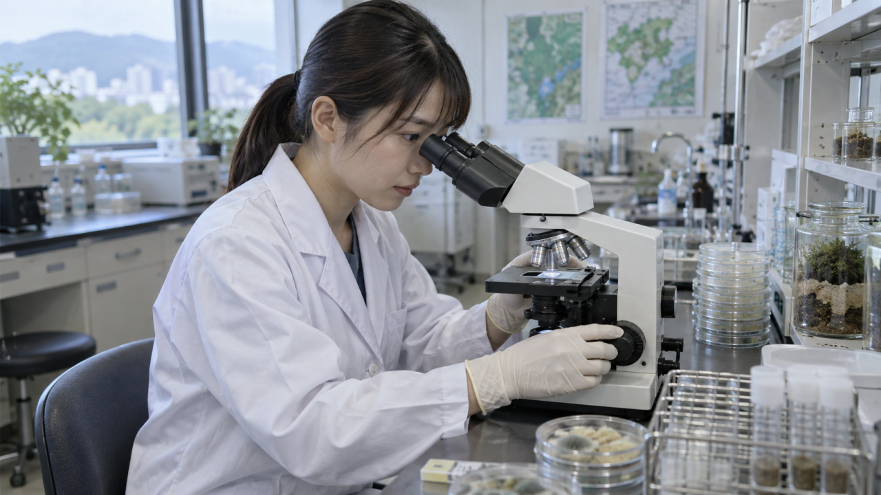 日本人の検査員がカビの試料を顕微鏡で確認する様子