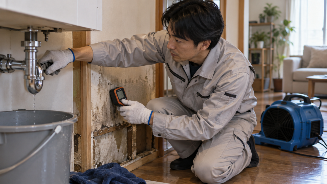 日本人の技術者が漏水を修理して壁の乾燥を確認する様子