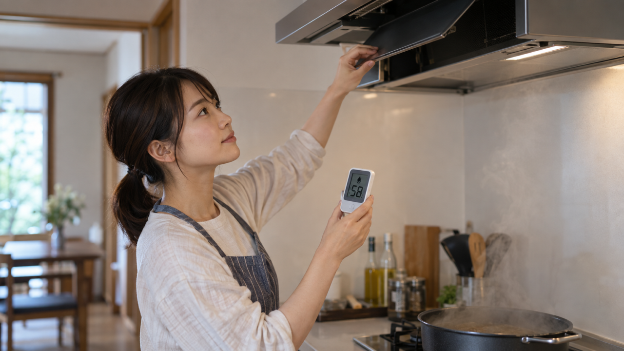 日本人の住人がキッチンの換気と湿度を確認する様子