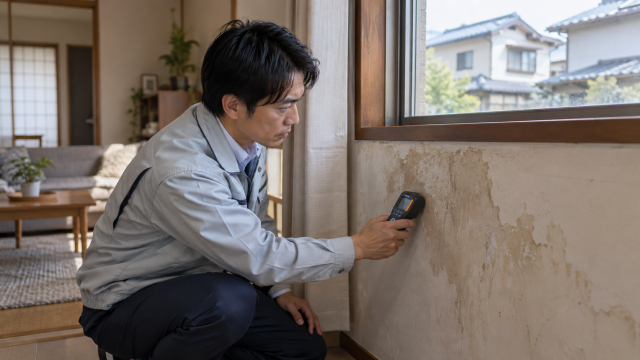 日本人の住宅調査員が窓下の壁の含水状態を測る様子
