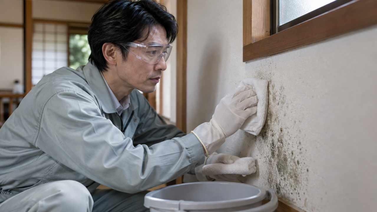 保護具を着けた日本人の技術者が壁の小さなカビを清掃する様子