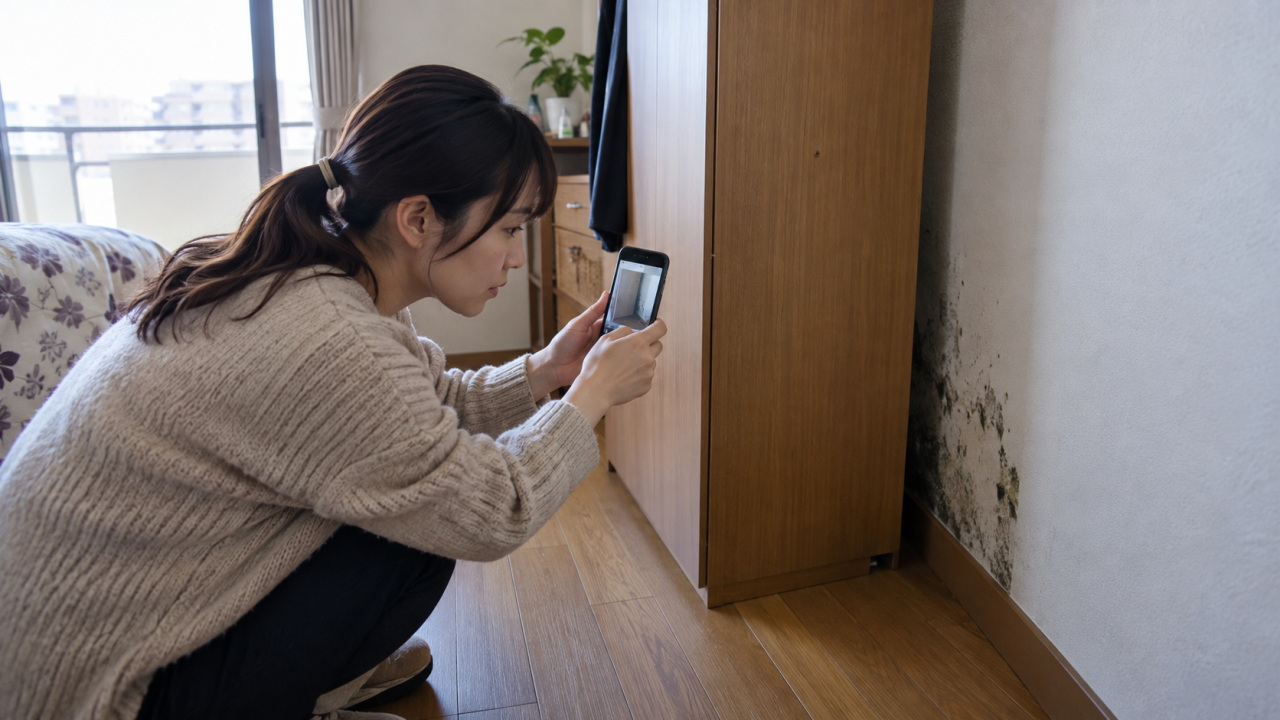 家具の裏のカビを日本人の住人が写真で記録する様子