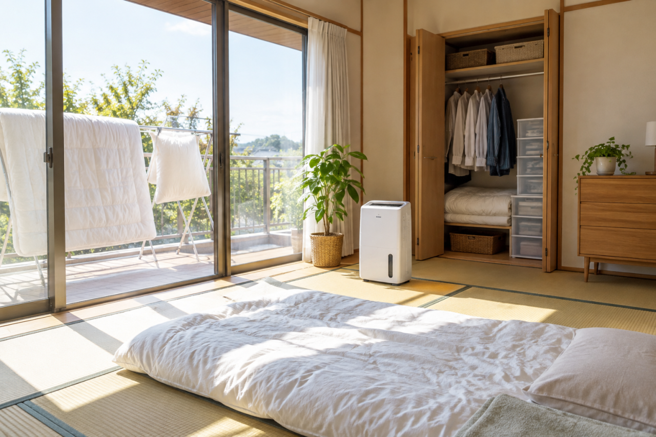 家具の裏側を湿度計とライトで点検する様子