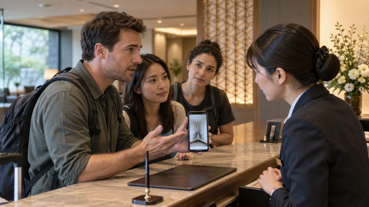 International travellers calmly reporting a mould concern at hotel reception