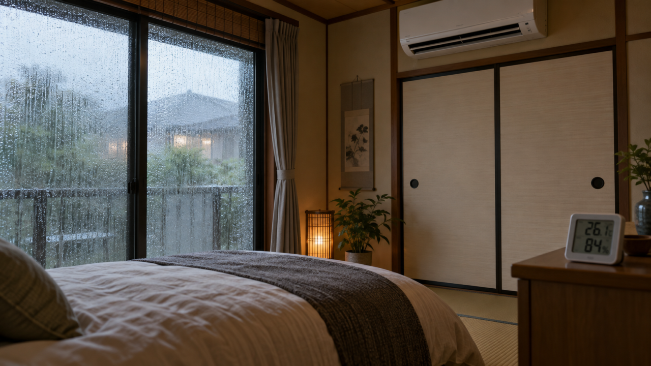 Very humid Japanese guest room during the rainy season