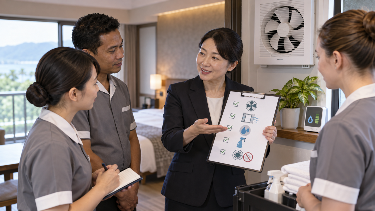 Hospitality team sharing a preventive inspection process
