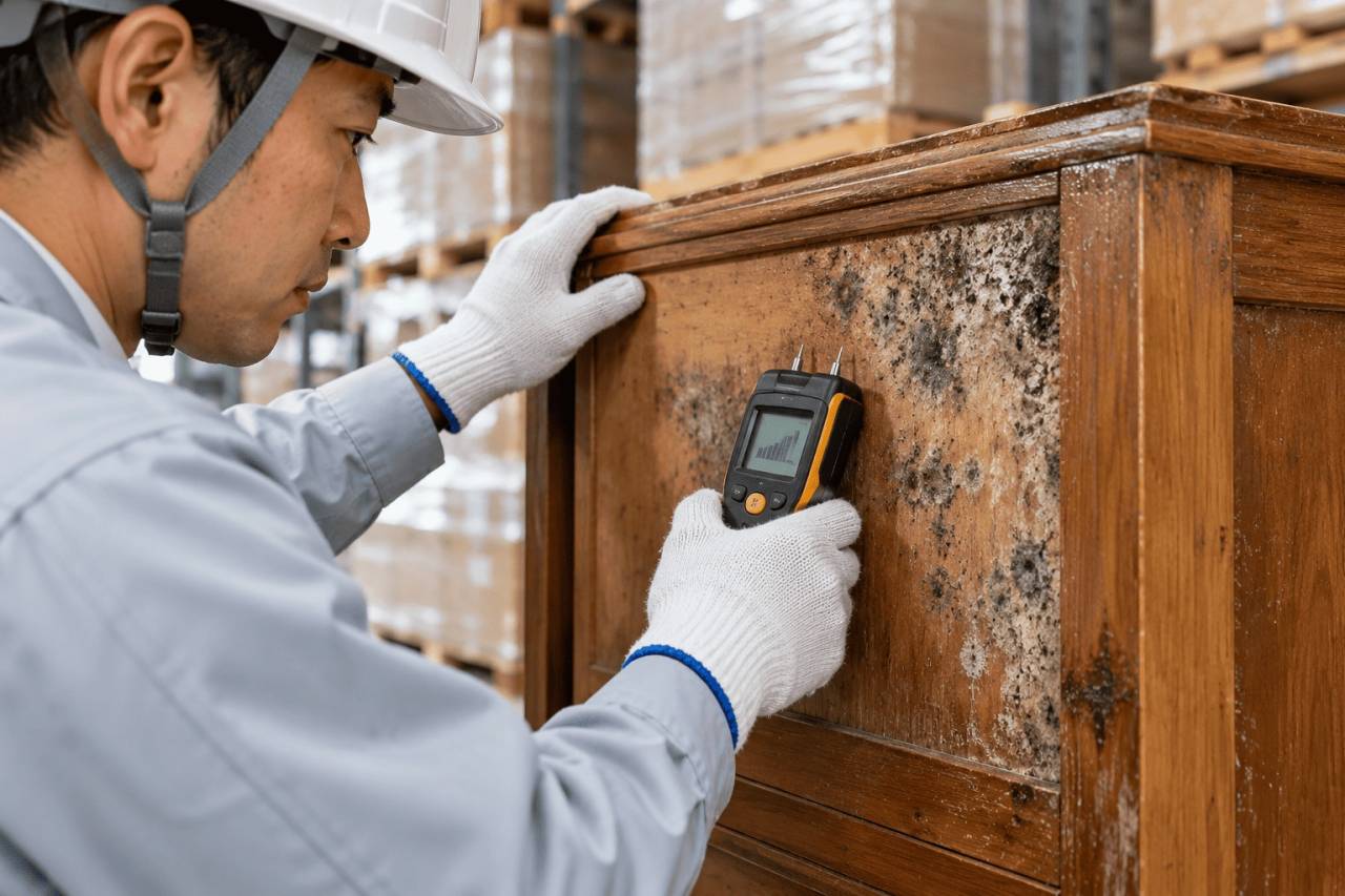 専門技術者が輸入家具を水分計で測定しカビ被害を調査している様子