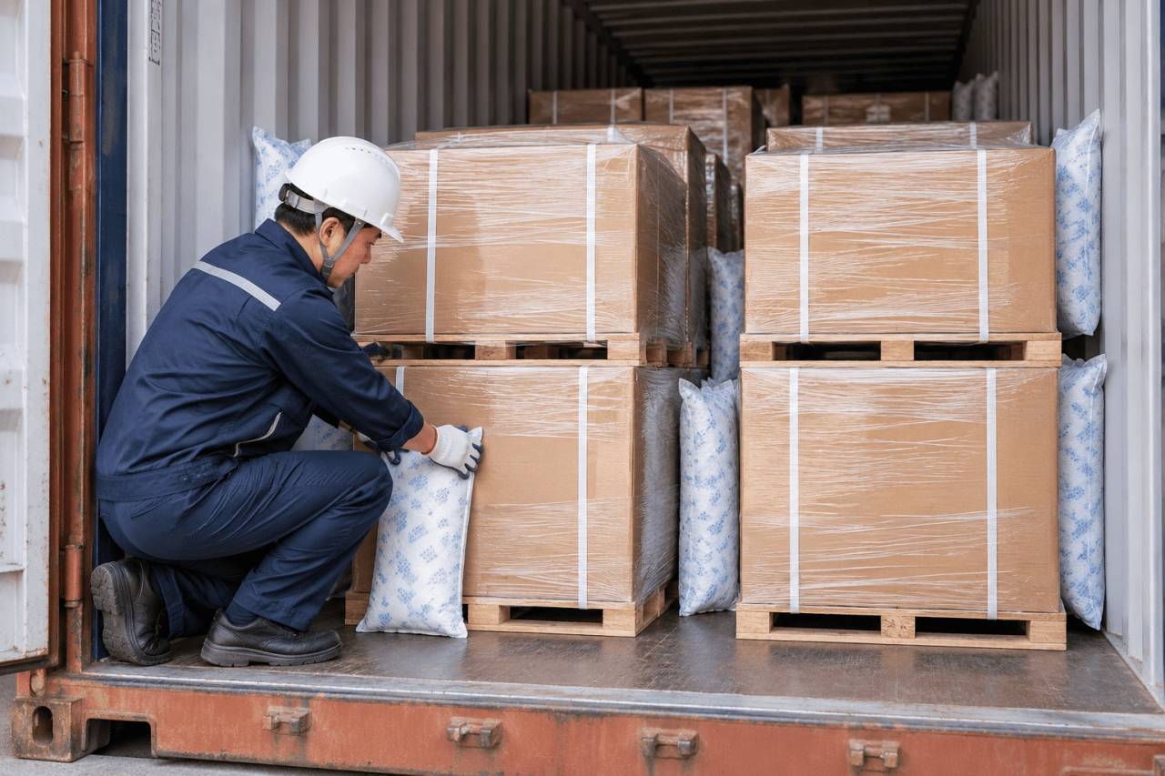 輸入品をコンテナへ積み込む際に乾燥剤と防湿資材を設置している様子
