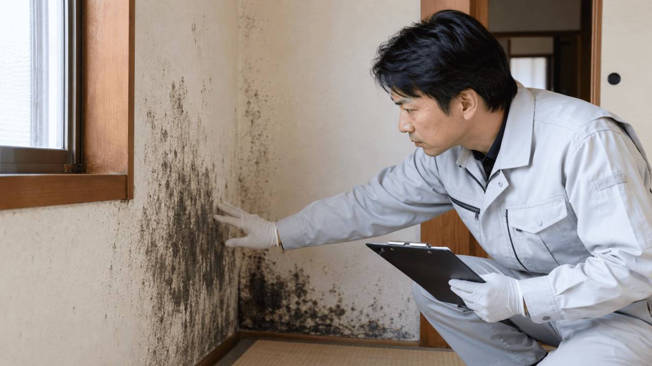 香川県の住宅で壁面のカビを確認するカビ取り専門業者