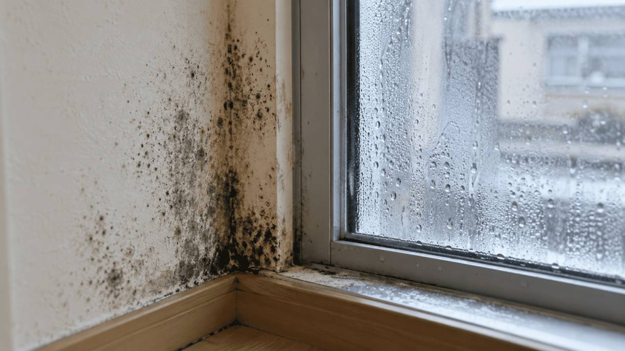 結露が発生した窓周辺と壁に広がったカビ