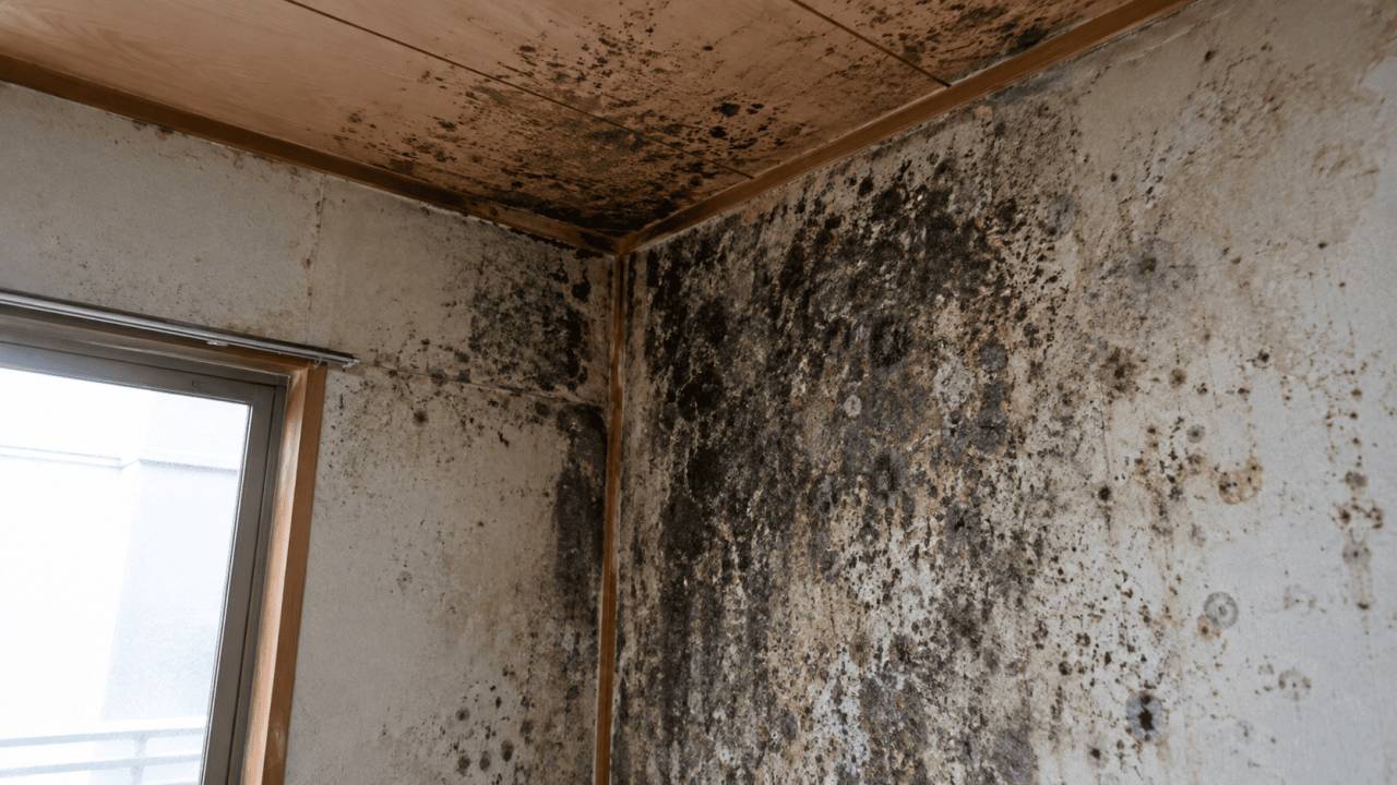 住宅の壁と天井に広範囲に発生した黒カビ
