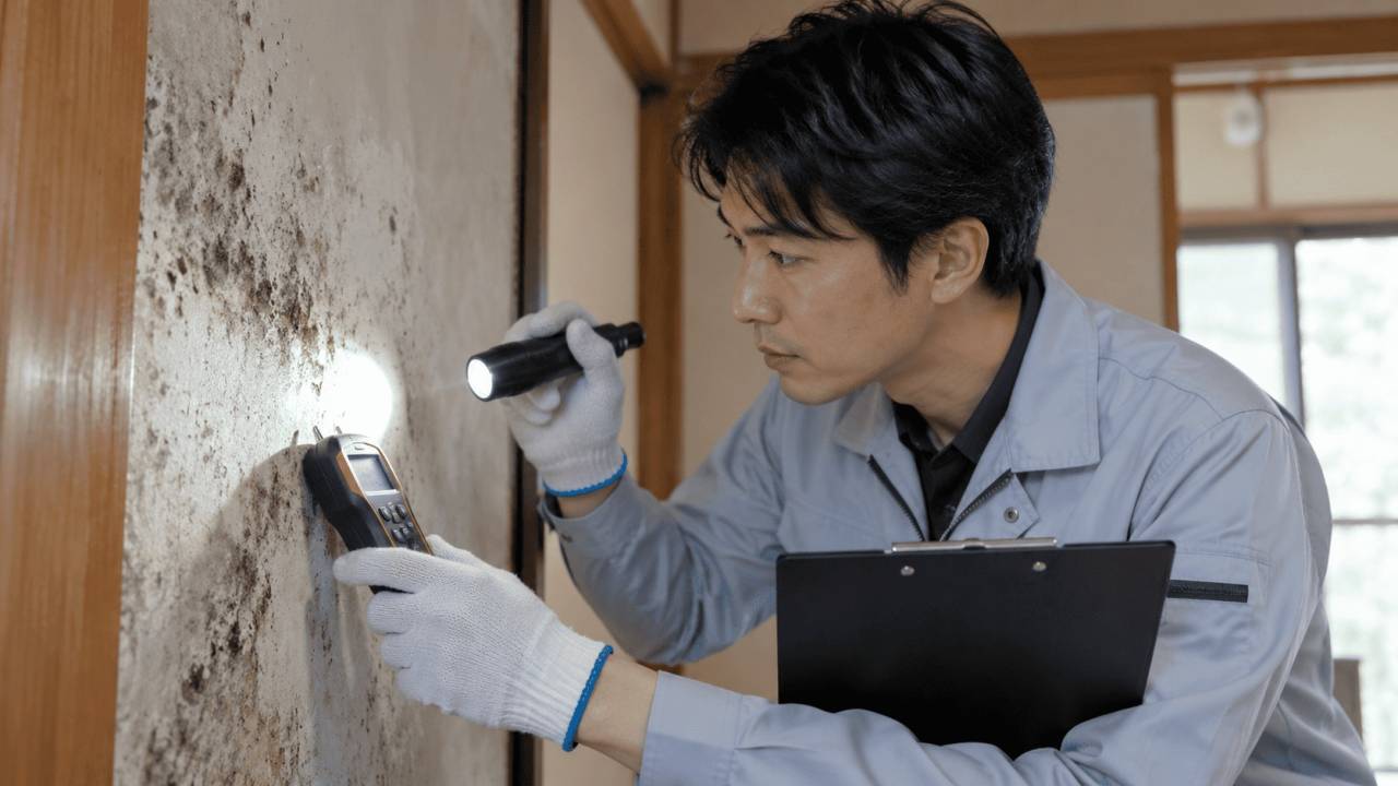 住宅の壁面を調査するカビ取り専門業者