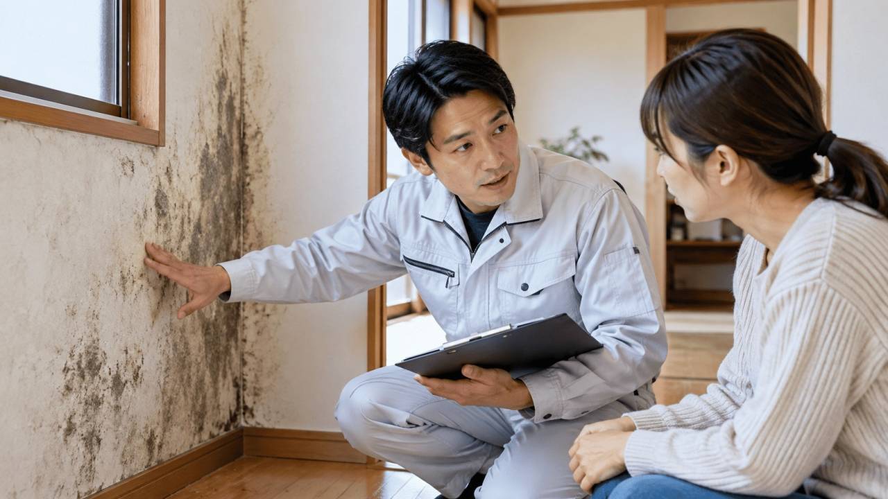 住宅のカビ状況について説明する専門スタッフ