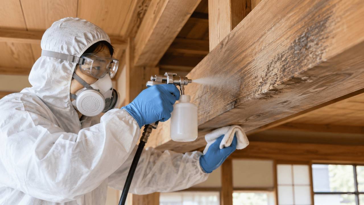 住宅の木材にカビ除去施工を行う専門スタッフ