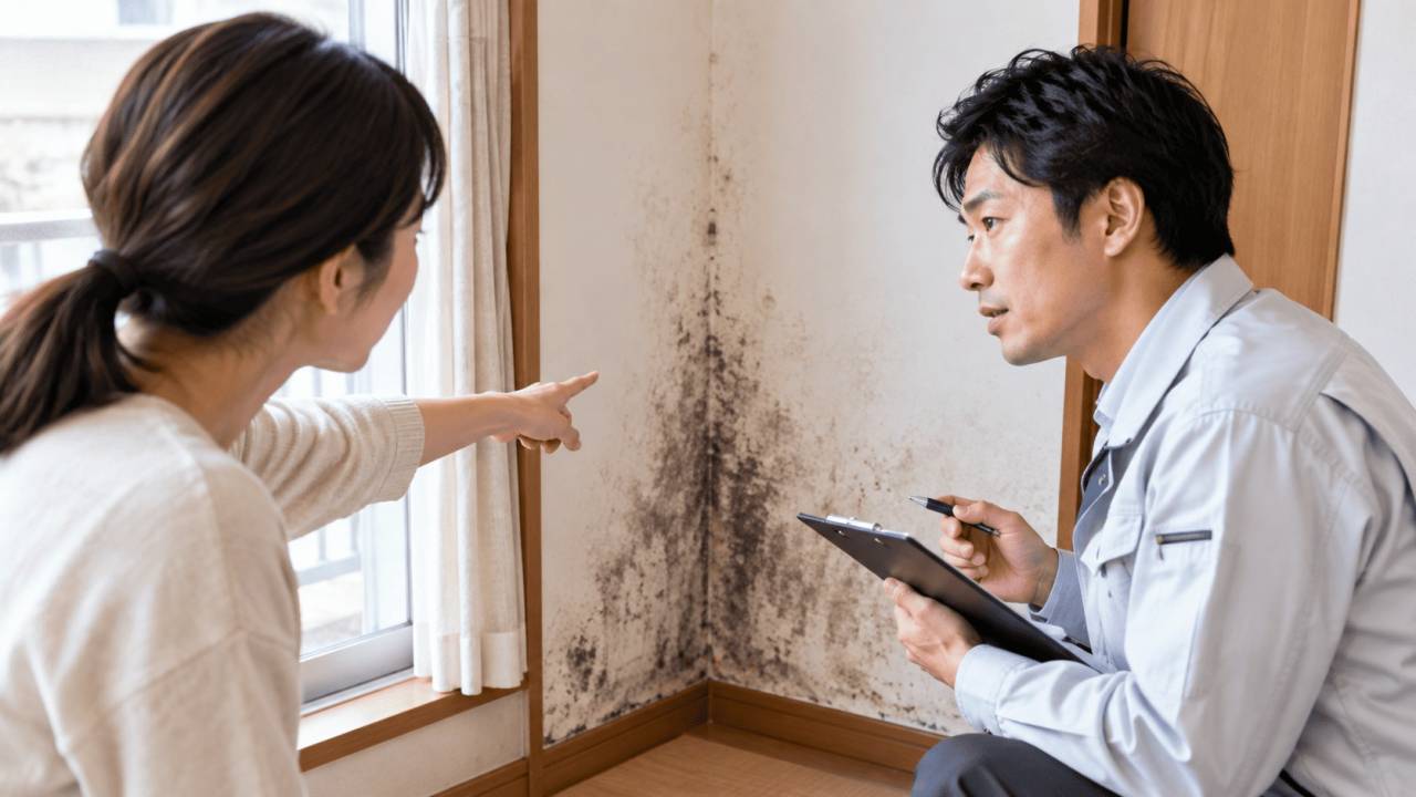 カビ被害について専門業者へ相談している様子